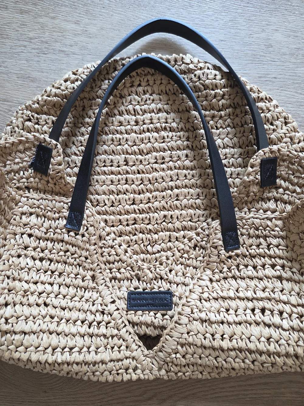 Banana Republic Woven Straw Tote Bag with Black Leather Straps